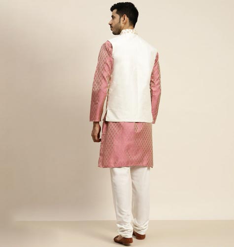 Men Pink Ethnic Motifs Kurta with Pyjamas & Nehru Jacket